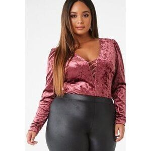 Forever 21 Plus Red Crushed Velvet Criss Cross Long Sleeve Bodysuit 2X